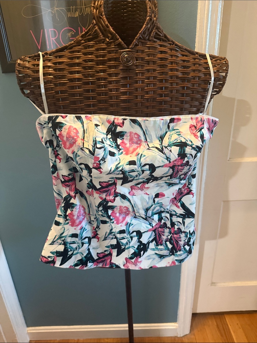 White House Black Market Floral Spaghetti-Strap Camisole in White, Pink & Green